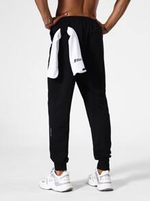 Men Letter Graphic Drawstring Waist Sports Trousers - Black - View 2