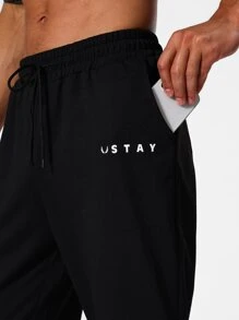 Men Letter Graphic Drawstring Waist Sports Trousers - Black - View 4