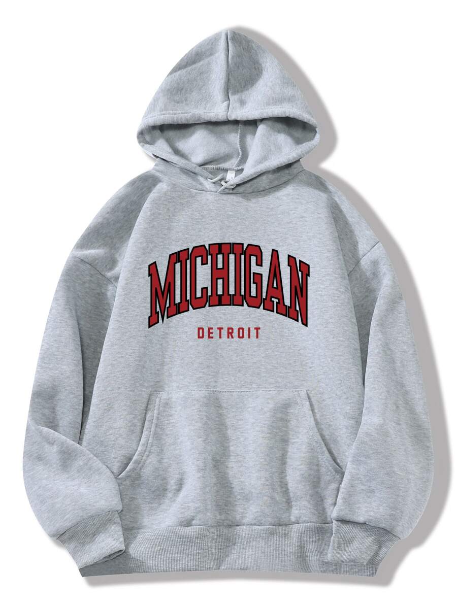 SHEIN EZwear Letter Graphic Kangaroo Pocket Drawstring Thermal Hoodie - Light Grey - View 1