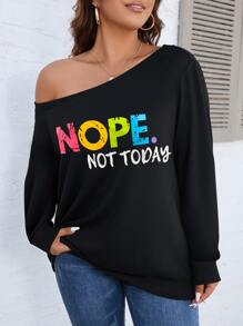 SHEIN LUNE 大碼標語圖案不對稱領運動衫 - 黑色 - 查看 1