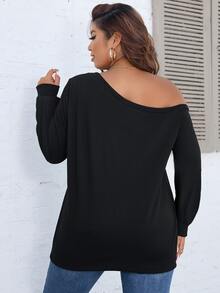 SHEIN LUNE 大碼標語圖案不對稱領運動衫 - 黑色 - 查看 2