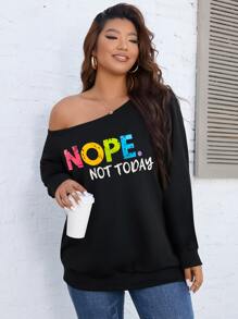 SHEIN LUNE 大碼標語圖案不對稱領運動衫 - 黑色 - 查看 3