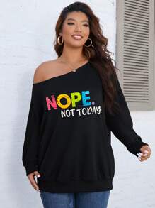 SHEIN LUNE 大碼標語圖案不對稱領運動衫 - 黑色 - 查看 4