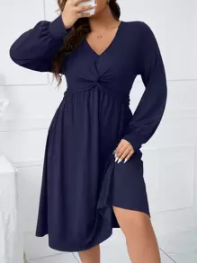 SHEIN Clasi Plus Twist Front Lantern Sleeve Dress - Navy Blue - View 1