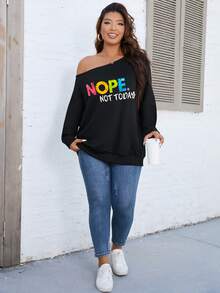 SHEIN LUNE 大碼標語圖案不對稱領運動衫 - 黑色 - 查看 5