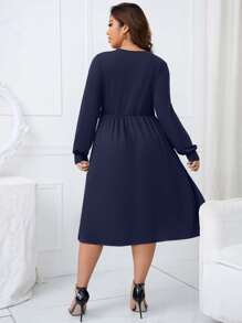 SHEIN Clasi Plus Twist Front Lantern Sleeve Dress - Navy Blue - View 2