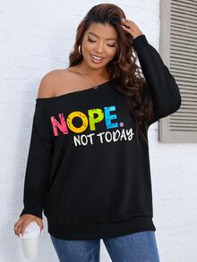 SHEIN LUNE 大碼標語圖案不對稱領運動衫 - 黑色 - 查看 6