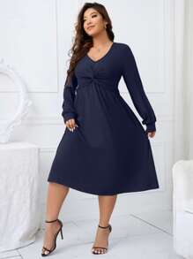 SHEIN Clasi Plus Twist Front Lantern Sleeve Dress - Navy Blue - View 4