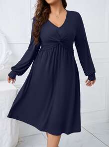 SHEIN Clasi Plus Twist Front Lantern Sleeve Dress - Navy Blue - View 6