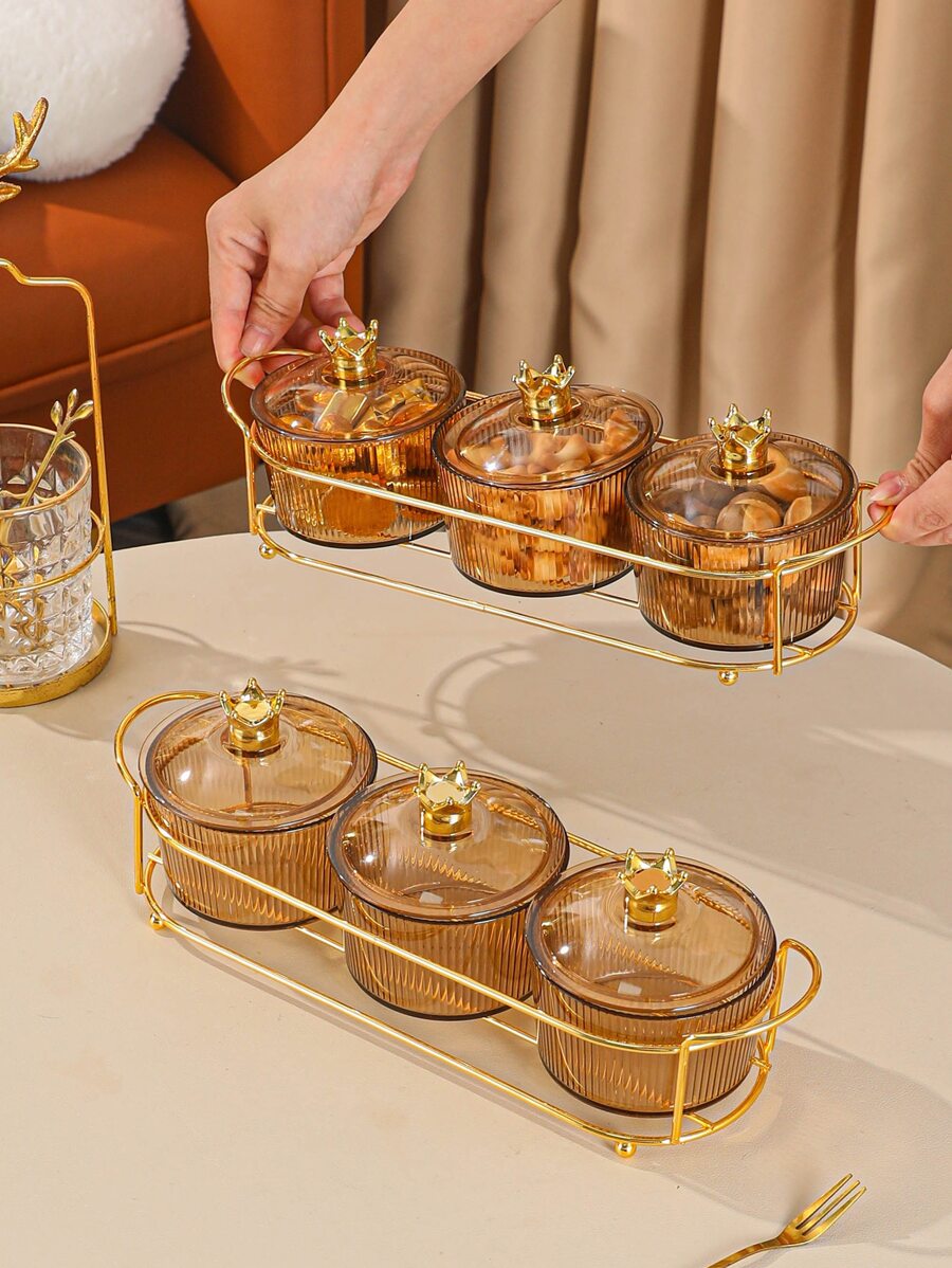 3pcs Snack Jar & 3pcs Crown Decor Lid & 1pc Tray - Champagne - View 1