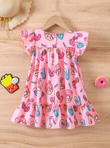 Toddler Girls Donuts & Letter Graphic Ruffle Hem Smock Dress - Pink - View 5