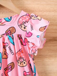 Toddler Girls Donuts & Letter Graphic Ruffle Hem Smock Dress - Pink - View 4