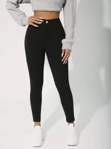 SHEIN PETITE Women's Casual Solid Color Slim Fit Long Pants Fall Cloth For Women