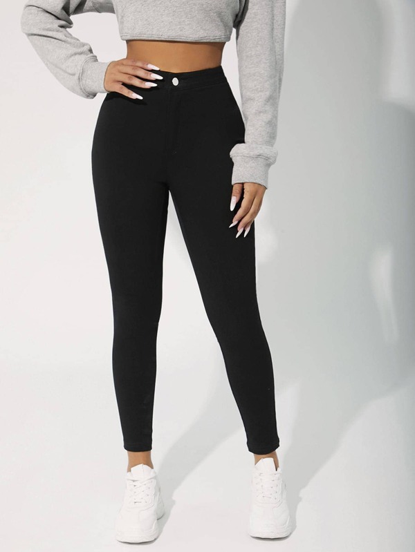 SHEIN PETITE Solid Button Front Skinny Jeans SHEIN USA