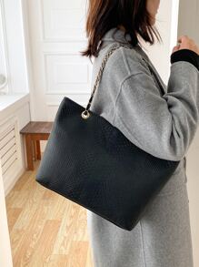 Geometric Embossed Grommet Eyelet Shoulder Tote Bag - Black - View 2