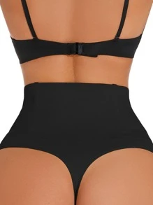 Women Black High Waisted Shapewear Thong Rib Knit Stretch Underwear - Black - View 2