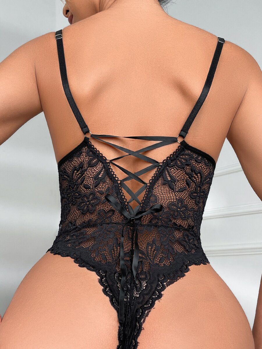 Classic Sexy Floral Lace Harness Teddy Bodysuit - Black - View 1