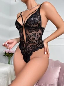 Classic Sexy Floral Lace Harness Teddy Bodysuit - Black - View 2