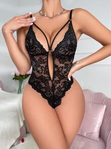 Classic Sexy Floral Lace Harness Teddy Bodysuit - Black - View 5