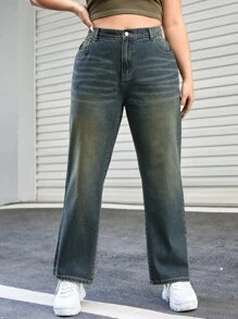 SHEIN EZwear 高腰直筒男友风牛仔裤 - 深色水洗藍 - 查看 1