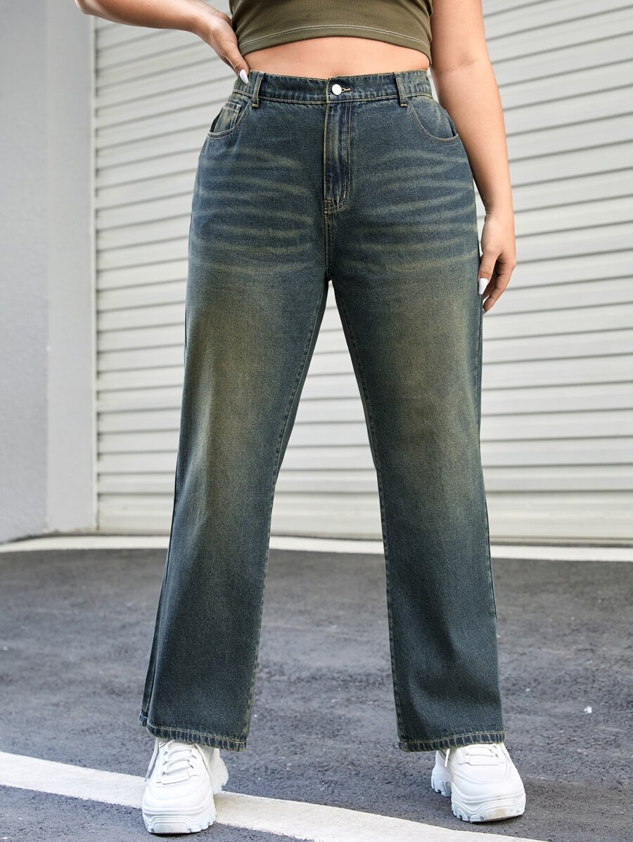 SHEIN EZwear 高腰直筒男友风牛仔裤 - 深色水洗藍 - 查看 1