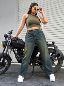 SHEIN EZwear 高腰直筒男友风牛仔裤 - 深色水洗藍 - 查看 3