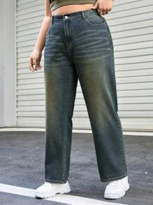 SHEIN EZwear 高腰直筒男友风牛仔裤 - 深色水洗藍 - 查看 4