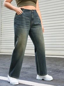 SHEIN EZwear 高腰直筒男友风牛仔裤 - 深色水洗藍 - 查看 5