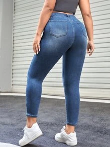 SHEIN EZwear Jeans ajustados desgarro - Azul lavado medio - Ver 2
