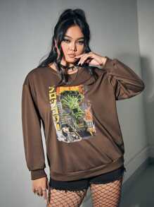 Ilustrata Plus Figure & Letter Graphic Drop Shoulder Sweatshirt - Coffee Brown - View 1