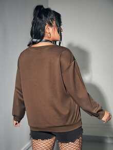 Ilustrata Plus Figure & Letter Graphic Drop Shoulder Sweatshirt - Coffee Brown - View 2