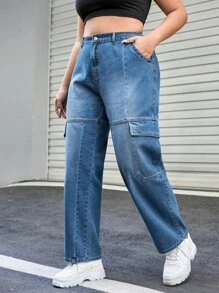 Quần Denim kích thước lớn Nút Túi Dây kéo màu trơn - Rửa trung bình - Xem 1