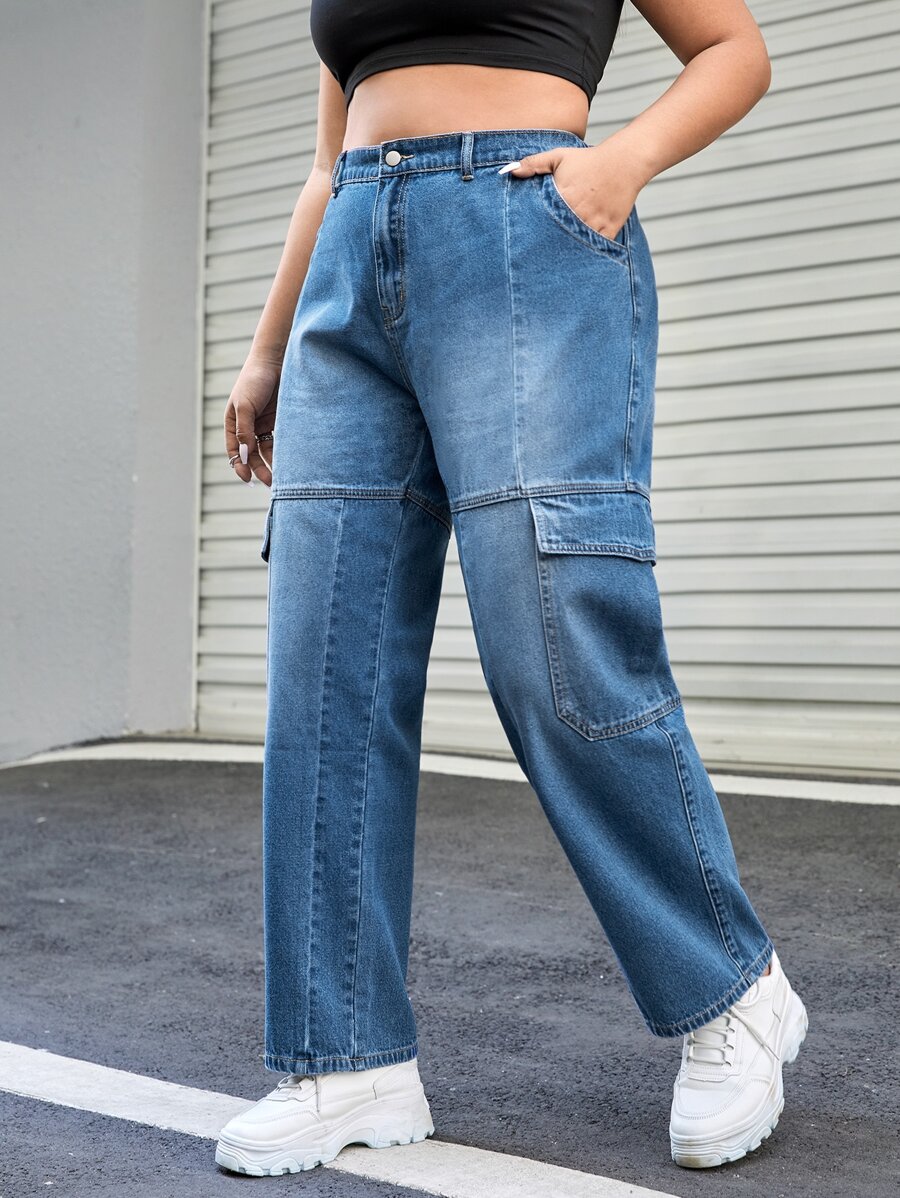 Quần Denim kích thước lớn Nút Túi Dây kéo màu trơn - Rửa trung bình - Xem 1