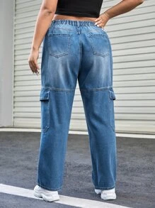 Quần Denim kích thước lớn Nút Túi Dây kéo màu trơn - Rửa trung bình - Xem 2