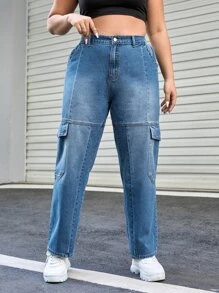 Quần Denim kích thước lớn Nút Túi Dây kéo màu trơn - Rửa trung bình - Xem 3