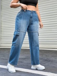 Quần Denim kích thước lớn Nút Túi Dây kéo màu trơn - Rửa trung bình - Xem 4