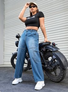 Quần Denim kích thước lớn Nút Túi Dây kéo màu trơn - Rửa trung bình - Xem 5