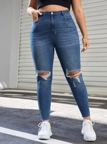 SHEIN Essnce Quần Denim kích thước lớn Túi Bị tách Dây kéo màu trơn - Rửa tối - Xem 1