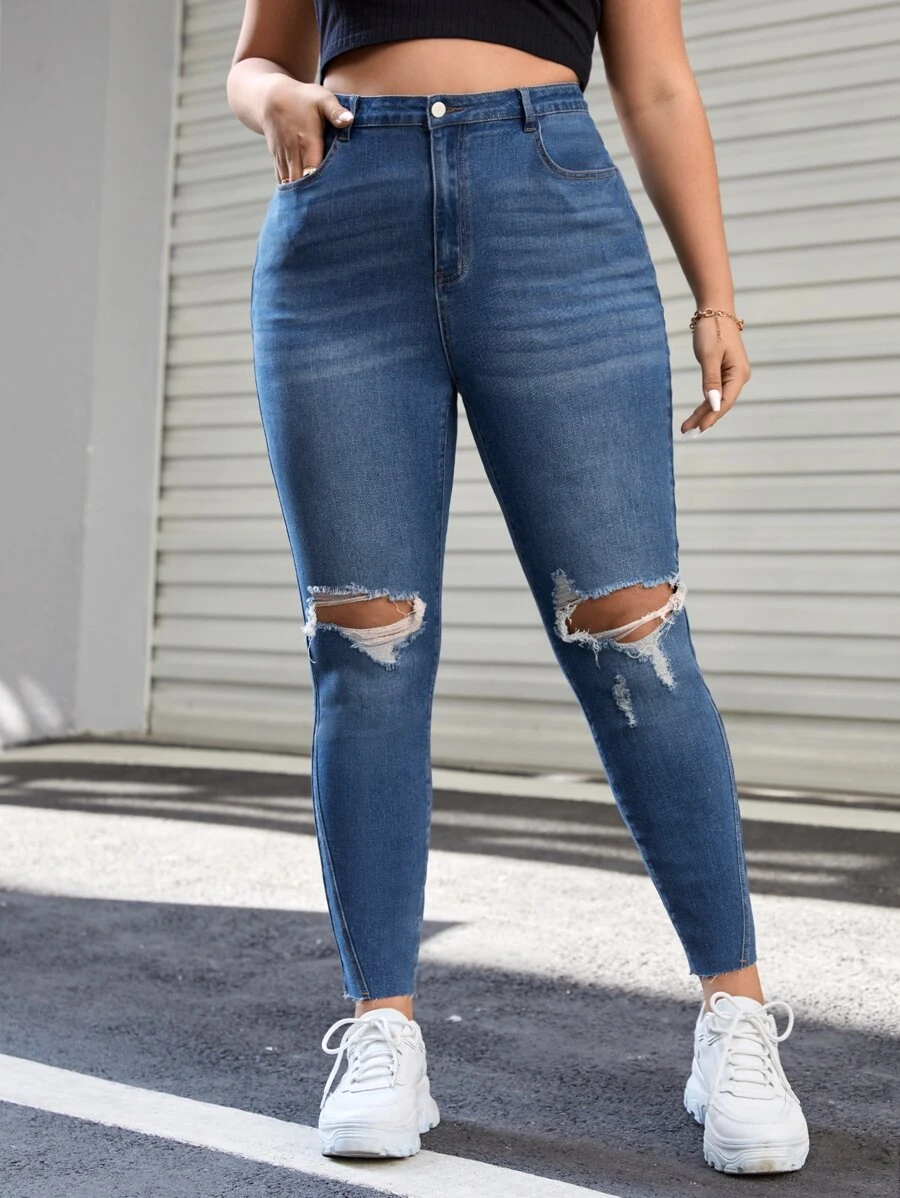 SHEIN Essnce Quần Denim kích thước lớn Túi Bị tách Dây kéo màu trơn - Rửa tối - Xem 1