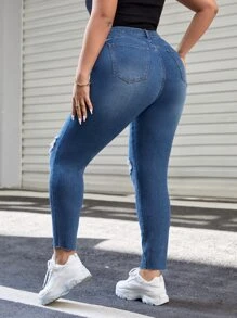 SHEIN Essnce Quần Denim kích thước lớn Túi Bị tách Dây kéo màu trơn - Rửa tối - Xem 2