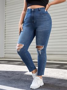 SHEIN Essnce Quần Denim kích thước lớn Túi Bị tách Dây kéo màu trơn - Rửa tối - Xem 3