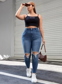SHEIN Essnce Quần Denim kích thước lớn Túi Bị tách Dây kéo màu trơn - Rửa tối - Xem 4
