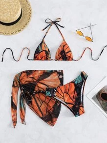 Bộ bikini dây tam giác in hình lá mùa hè với váy đi biển - Nhiều màu - Xem 3