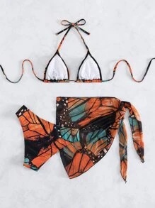 Bộ bikini dây tam giác in hình lá mùa hè với váy đi biển - Nhiều màu - Xem 2