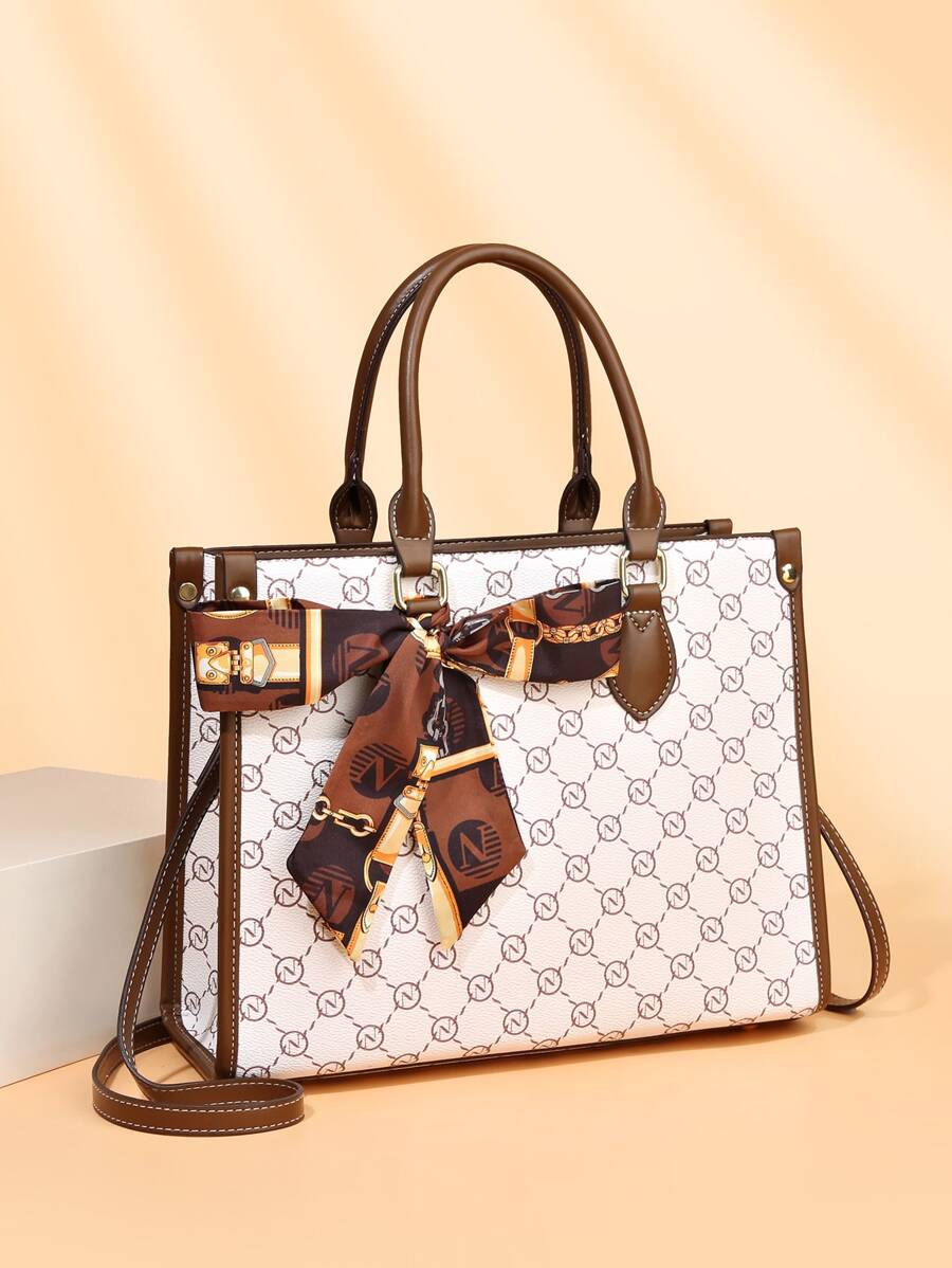 Bow Decor Geometric Pattern Skinny Scarf Decor Top Handle Bag, Old Money Style Women Bag - Multicolor - View 1