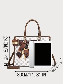 Bow Decor Geometric Pattern Skinny Scarf Decor Top Handle Bag, Old Money Style Women Bag - Multicolor - View 4