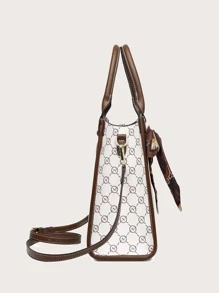 Bow Decor Geometric Pattern Skinny Scarf Decor Top Handle Bag, Old Money Style Women Bag - Multicolor - View 6