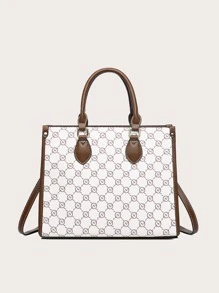 Bow Decor Geometric Pattern Skinny Scarf Decor Top Handle Bag, Old Money Style Women Bag - Multicolor - View 7