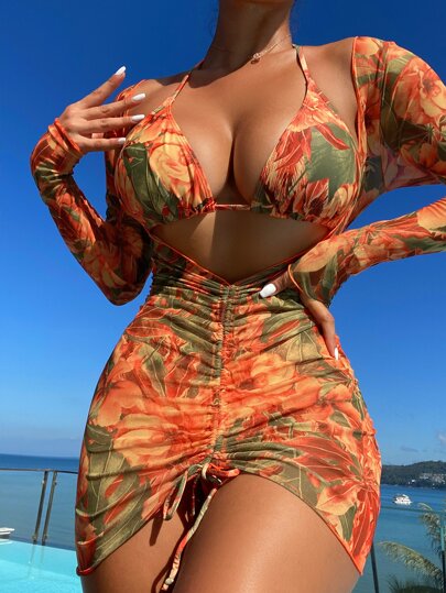 مجموعة بكيني مثلث الرباط الاستوائي مع تغطية ربطة عنق للشاطئ في الصيف