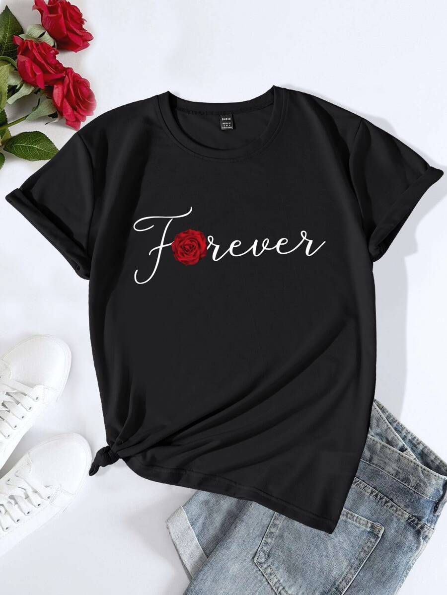 SHEIN LUNE Floral & Letter Graphic Tee - Black - View 1